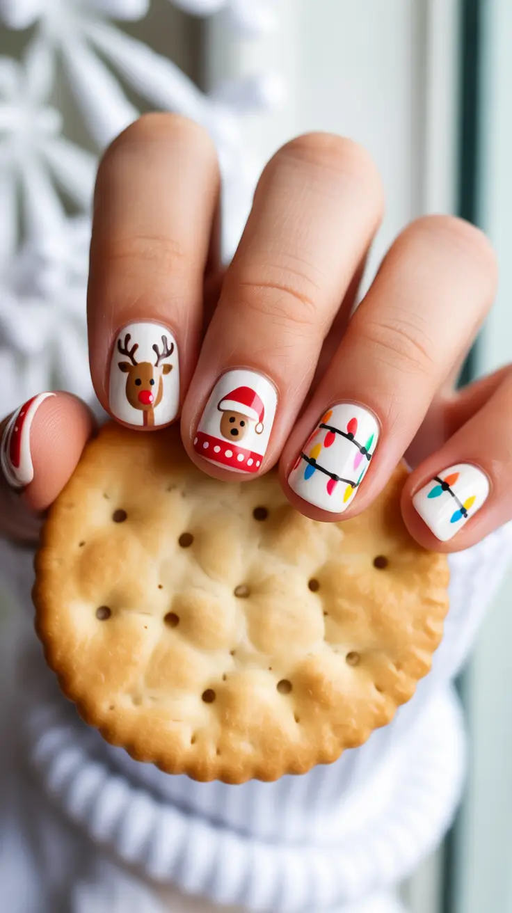 short winter nails 2025-2026 Playful Christmas Icons and Lights
