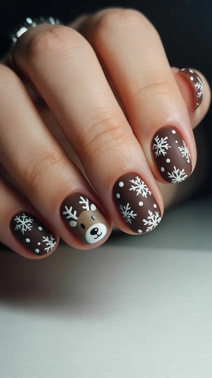 short winter nails 2025-2026 Cozy Cocoa Reindeer and Snowflakes