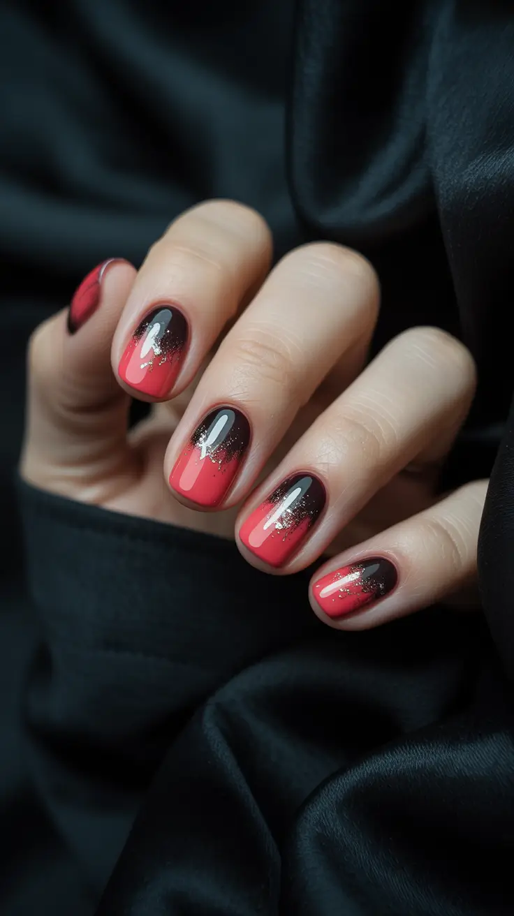 short winter nails 2025-2026 Red Velvet Ombre with a Hint of Gold