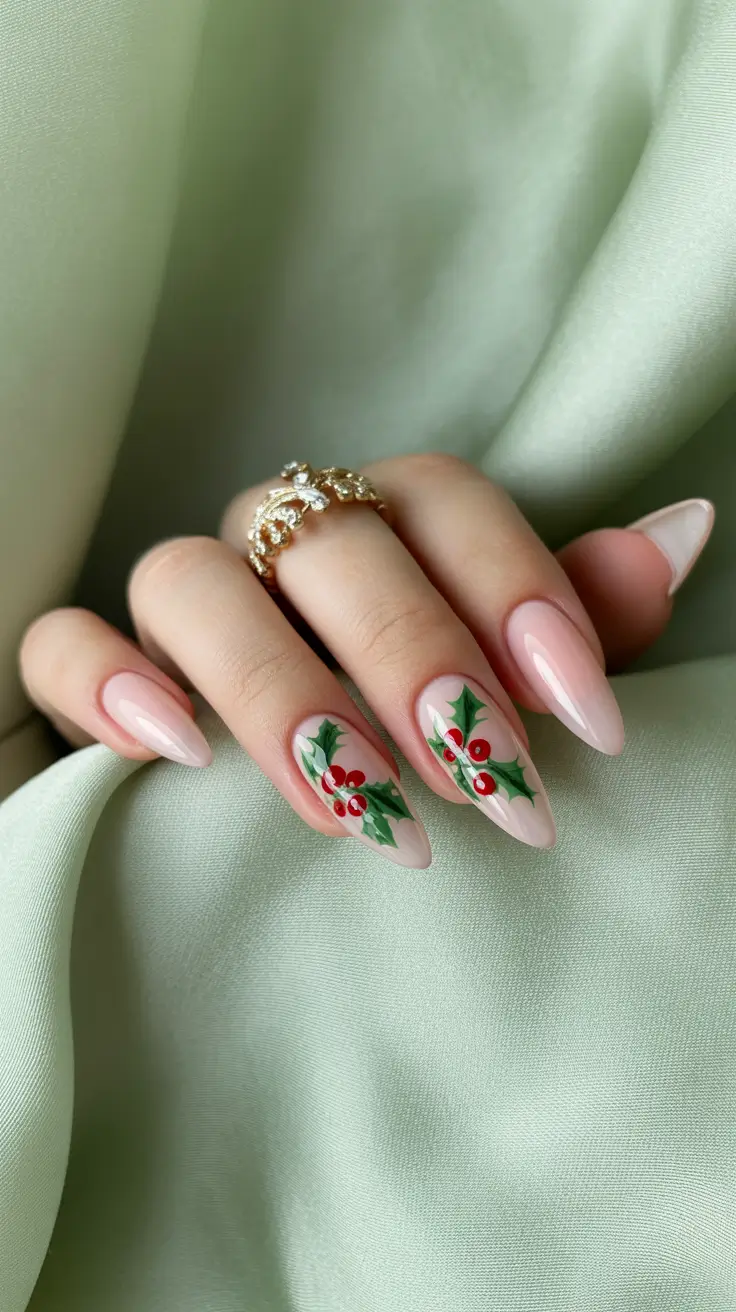 Pink Winter Nails 2025-2026 Festive Holly Charm