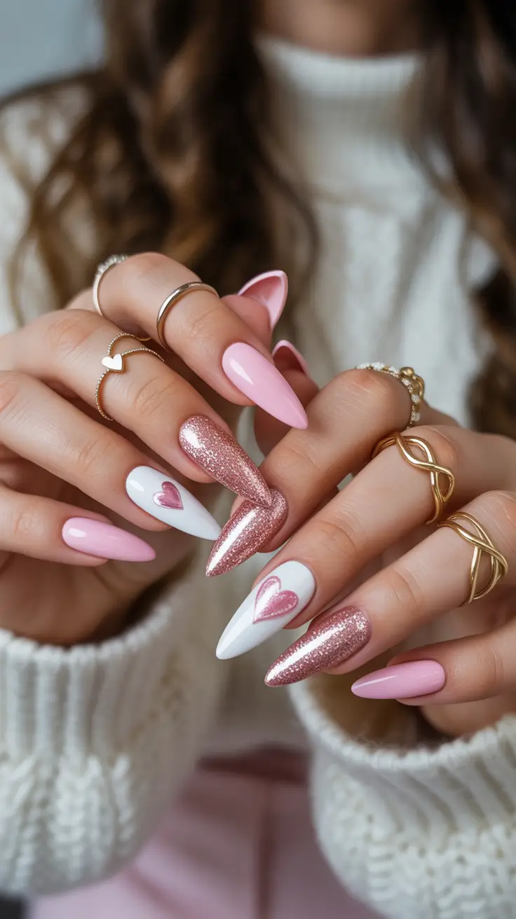 Pink Winter Nails 2025-2026 Pink Hearts & Frosted Sparkle