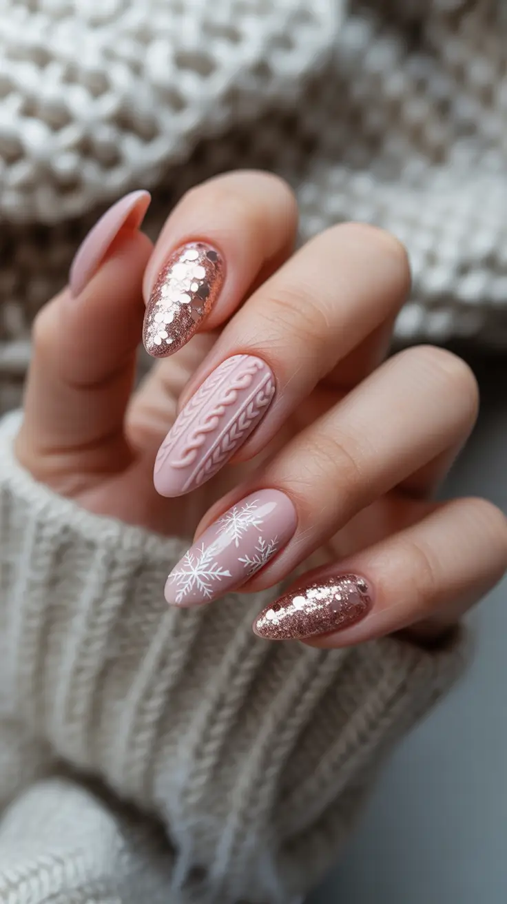 Pink Winter Nails 2025-2026 Knitted Rose Gold Dream