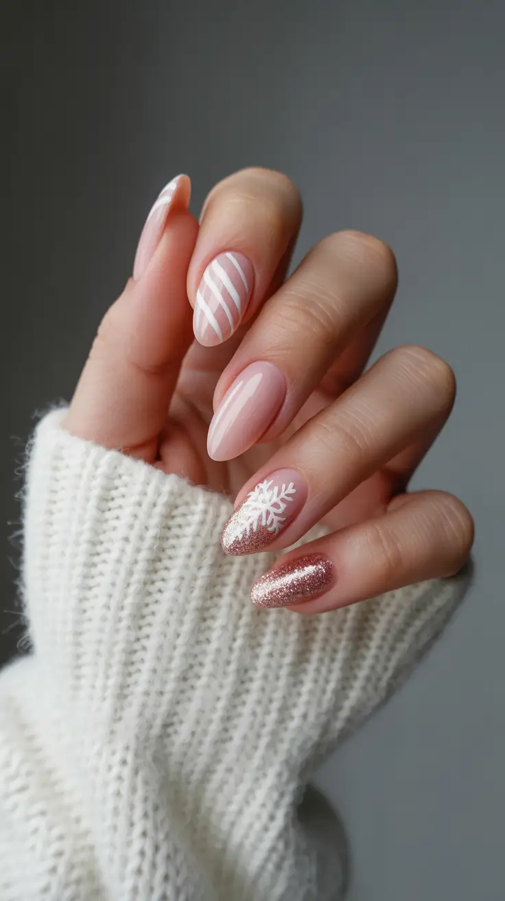 Pink Winter Nails 2025-2026 Frosted Candy Stripes
