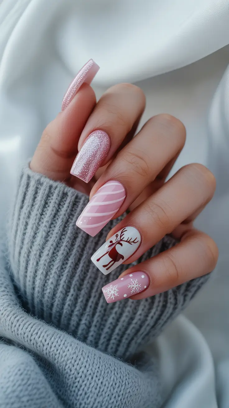 Pink Winter Nails 2025-2026 Snowy Reindeer Bliss