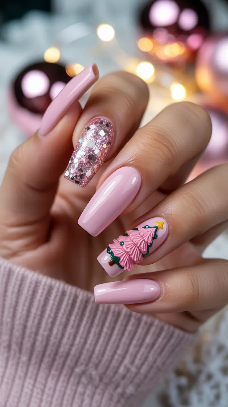Pink Winter Nails 2025-2026 Pink Christmas Tree Delight
