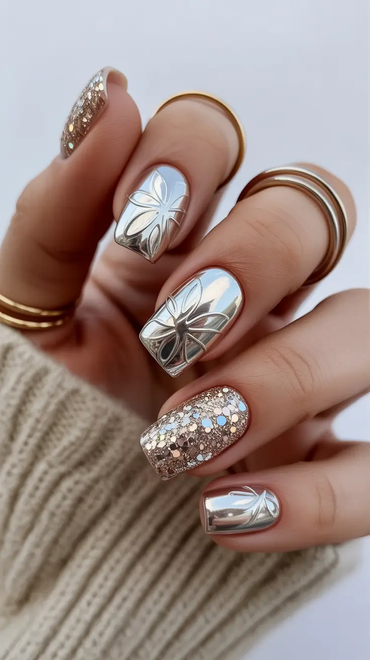sparkly winter nails 2025 2026 chrome petals