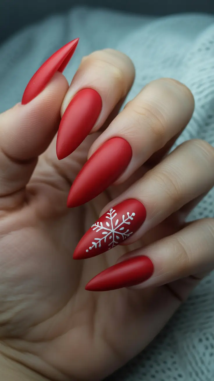 Stylish Red Manicure Winter 2025-2026 with snowflake art