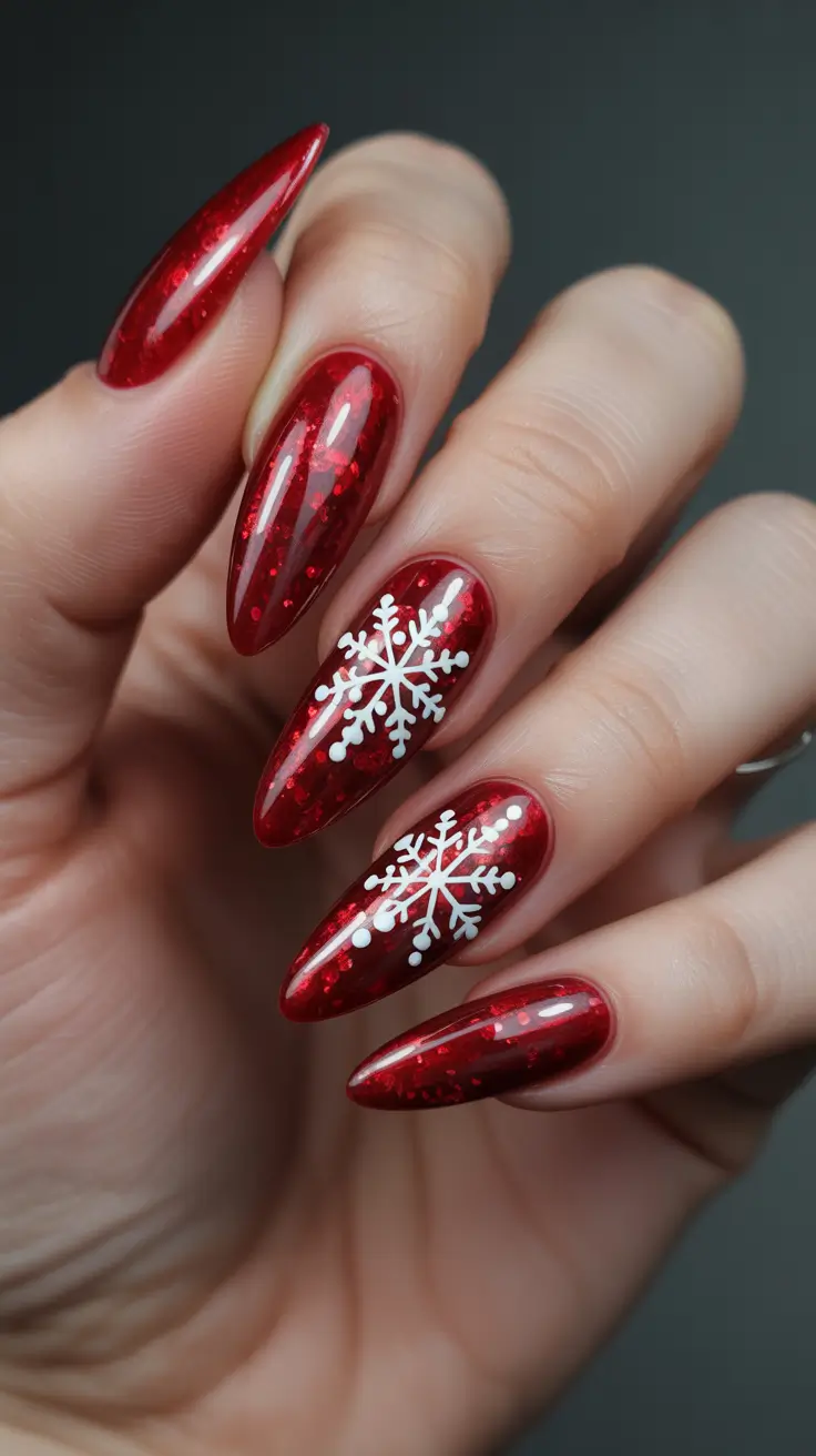 Stylish Red Manicure Winter 2025-2026 with sparkly snowflakes