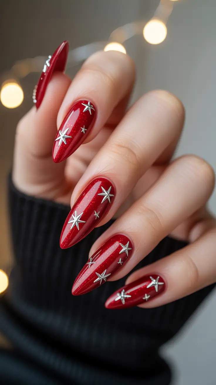 Stylish Red Manicure Winter 2025-2026 with red and silver stars