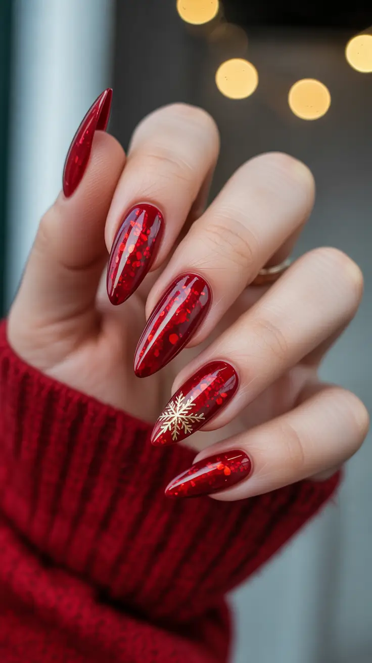 Stylish Red Manicure Winter 2025-2026 with gold snowflake design