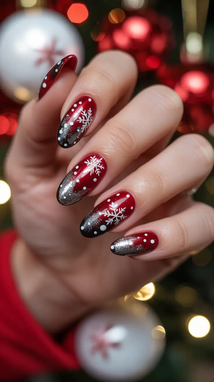 Stylish Red Manicure Winter 2025-2026 with silver glitter and snowflakes