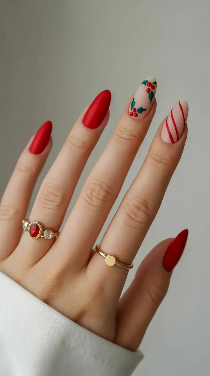Stylish Red Manicure Winter 2025-2026 Wintery Red with Holiday Stripes and a Twist of Green