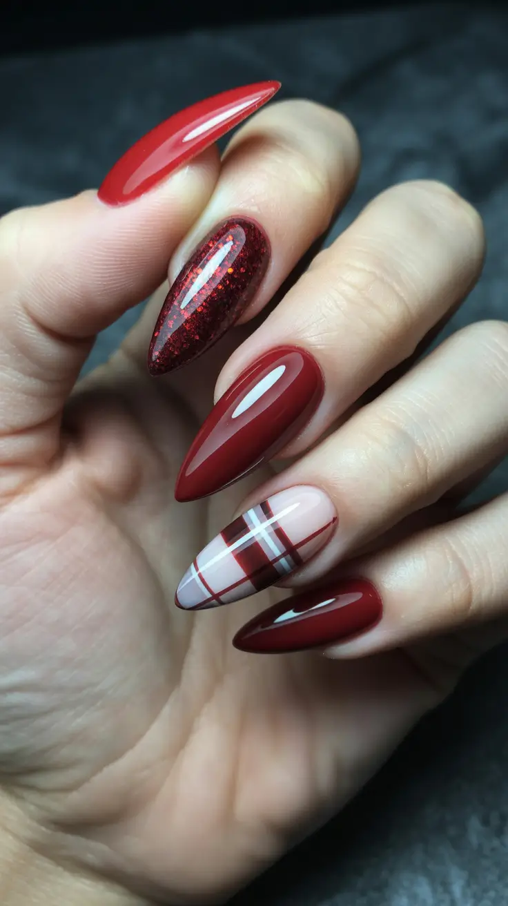 Stylish Red Manicure Winter 2025-2026 Winter Chic with Bold Plaid and Rich Red