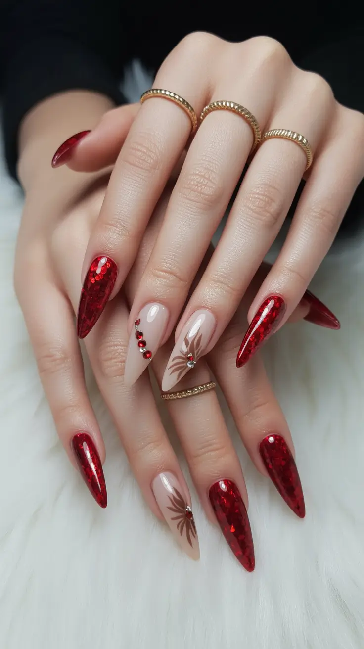 Stylish Red Manicure Winter 2025-2026 Elegant Red with Winter Floral Accents