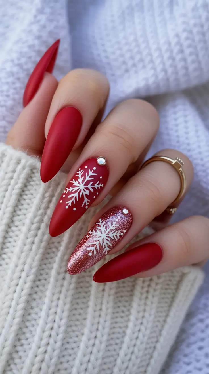 Stylish Red Manicure Winter 2025-2026 with glitter and snowflake art