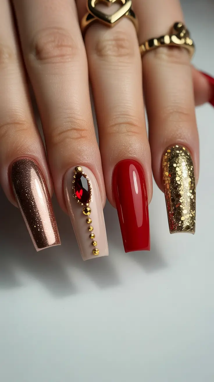 Stylish Red Manicure Winter 2025-2026 Luxurious Red and Gold