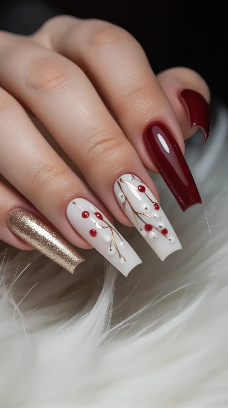 Stylish Red Manicure Winter 2025-2026 Winter Elegance with Berry Branch Details