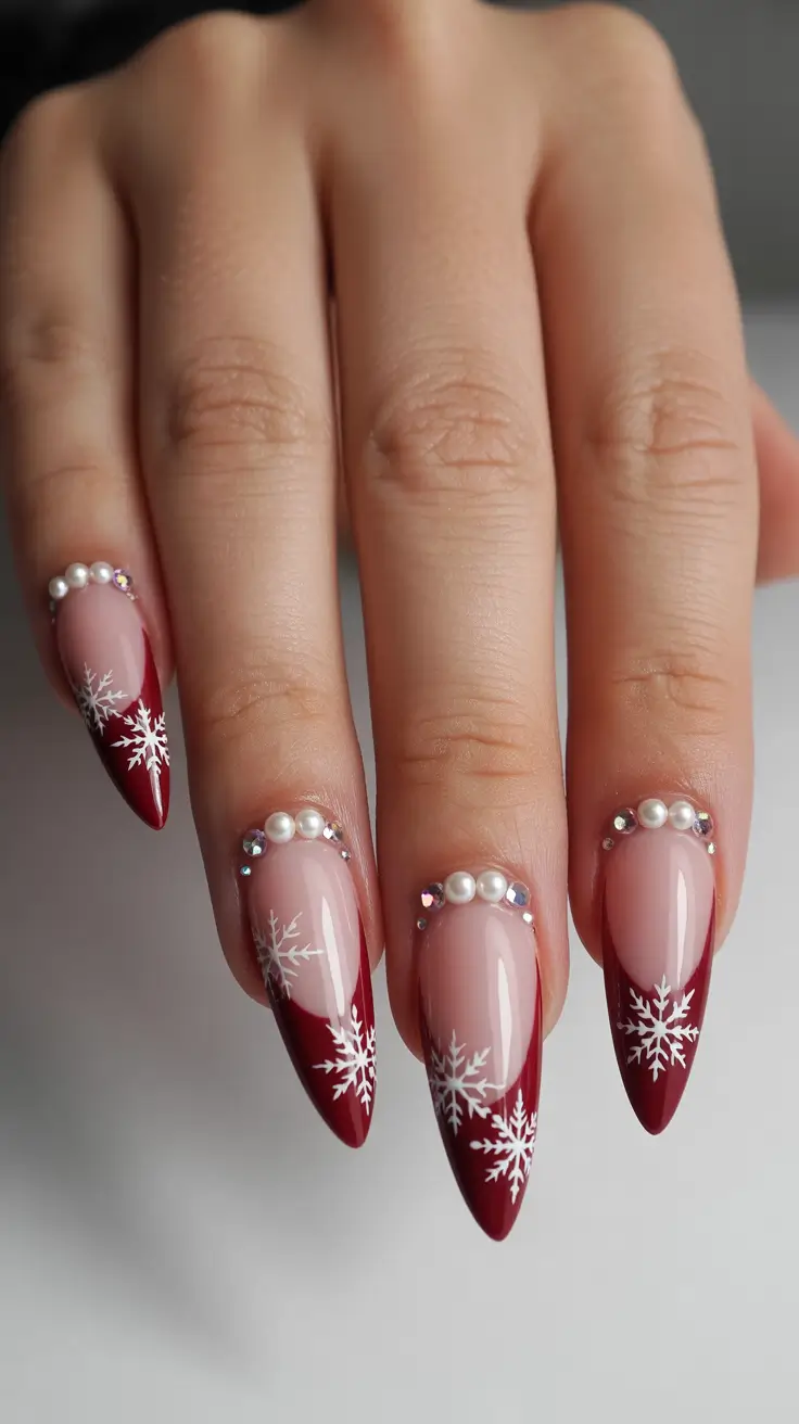Stylish Red Manicure Winter 2025-2026 Snowflakes and Pearls