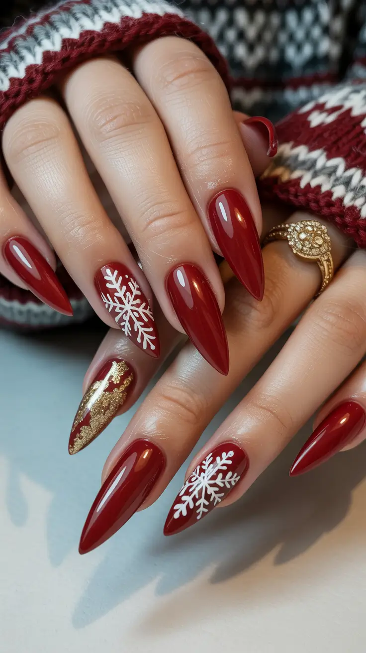 Stylish Red Manicure Winter 2025-2026 with gold and snowflake design