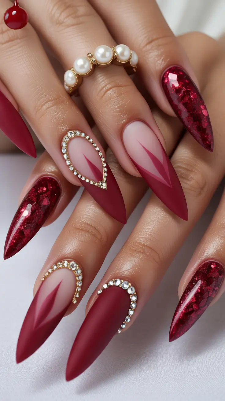 Stylish Red Manicure Winter 2025-2026 with gold and jewel accents
