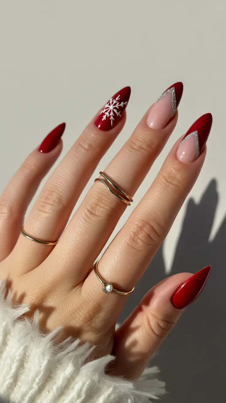 Stylish Red Manicure Winter 2025-2026 with snowflakes and sparkles