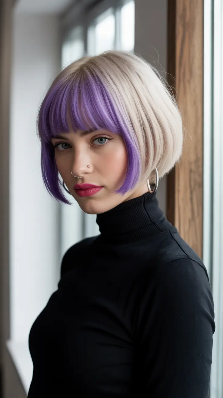hair colors for soft winter 2025-2026 Platinum Bob With Purple Bangs
