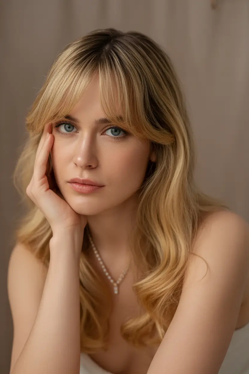hair colors for soft winter 2025-2026 Golden Blonde With Face-Framing Bangs