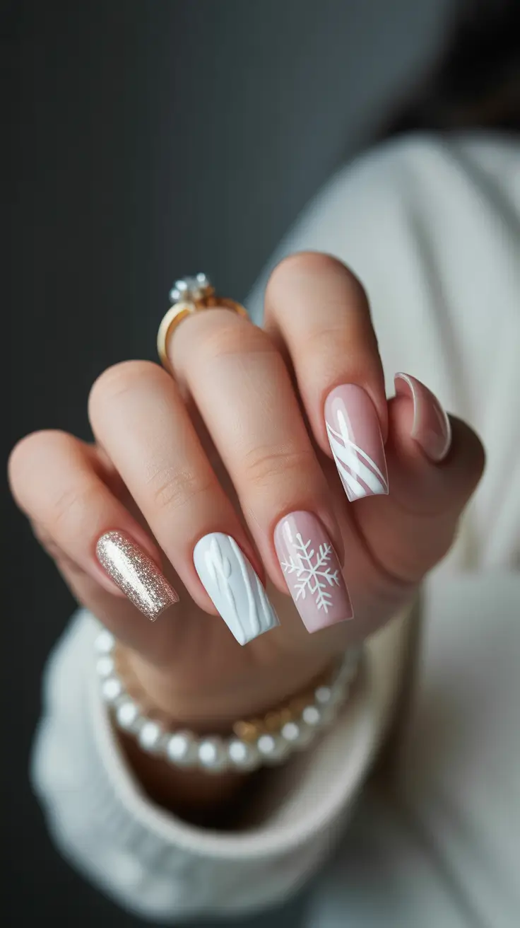 Stylish White Christmas Nails 2025 Frosted Blush Snowflake Magic