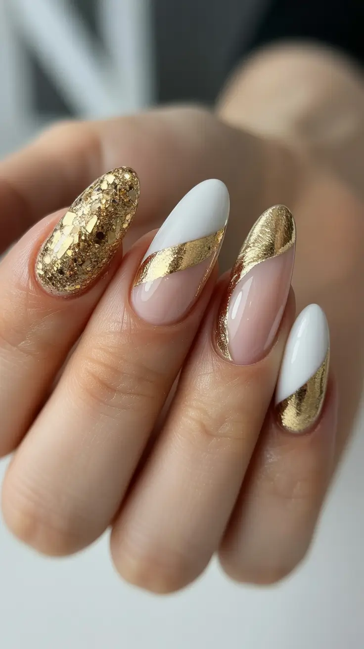 Stylish White Christmas Nails 2025 Golden Luxe Harmony