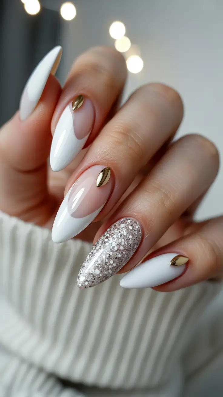 Stylish White Christmas Nails 2025 Crystal Moonlight Almond