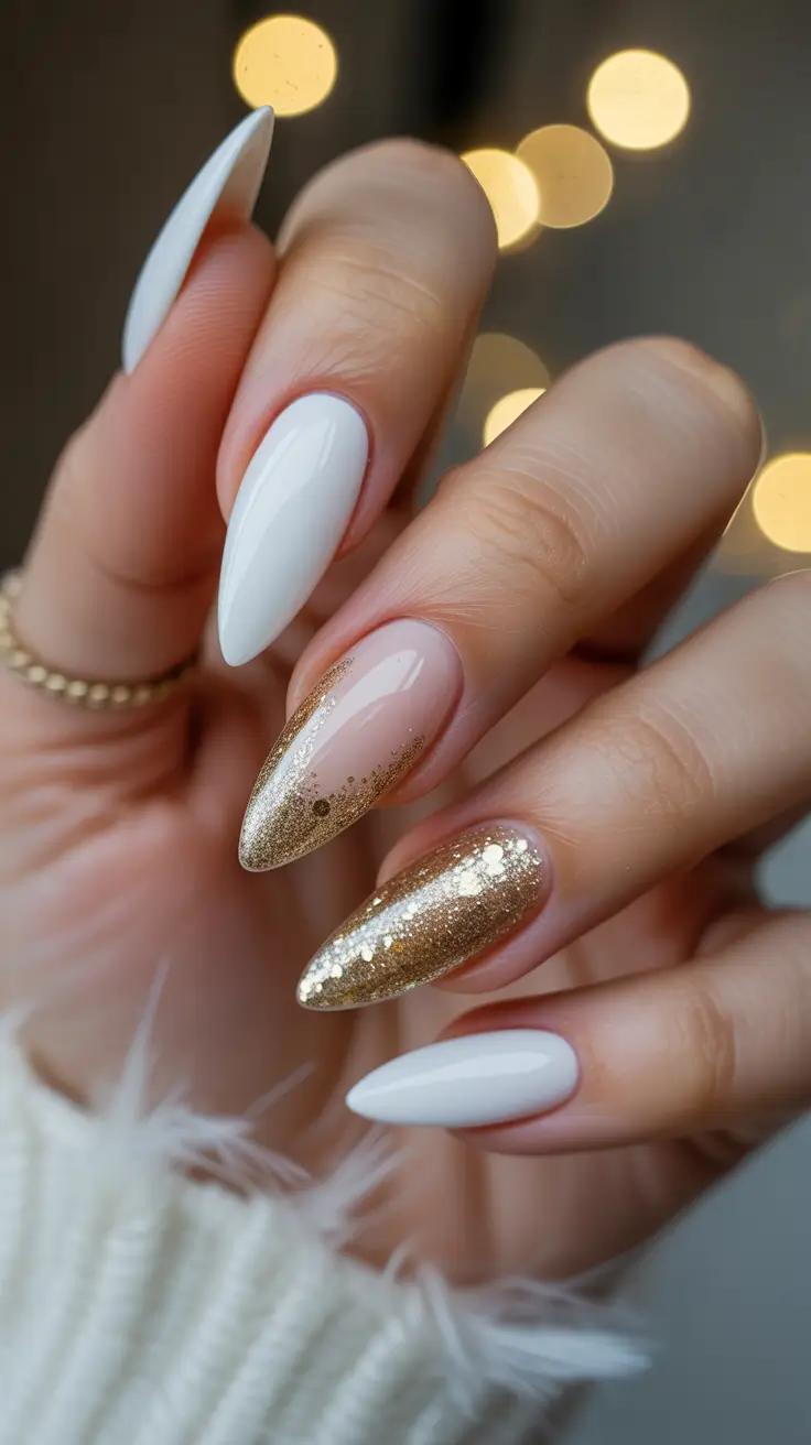 Stylish White Christmas Nails 2025 Champagne Frost Elegance