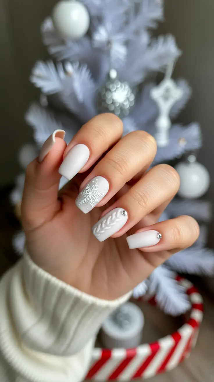 Stylish White Christmas Nails 2025 Cozy White Knit Dream