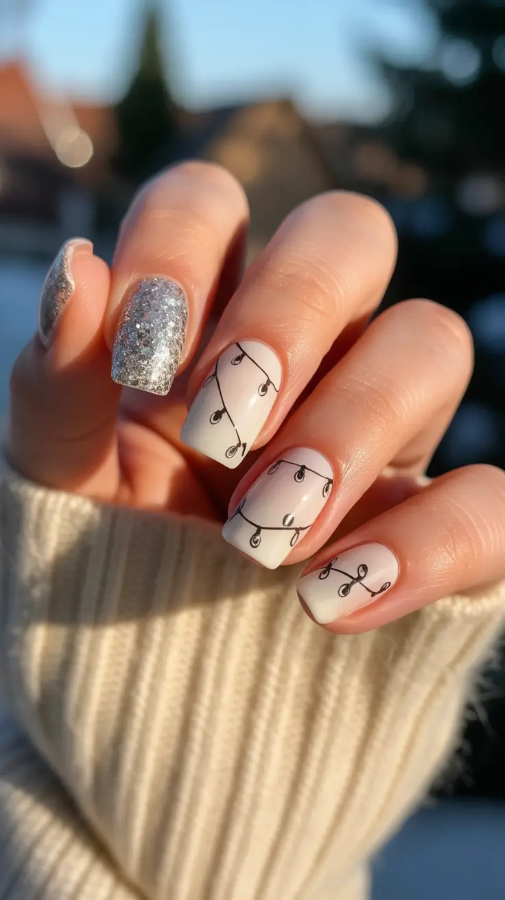 Stylish White Christmas Nails 2025 Silver Lights Whimsy