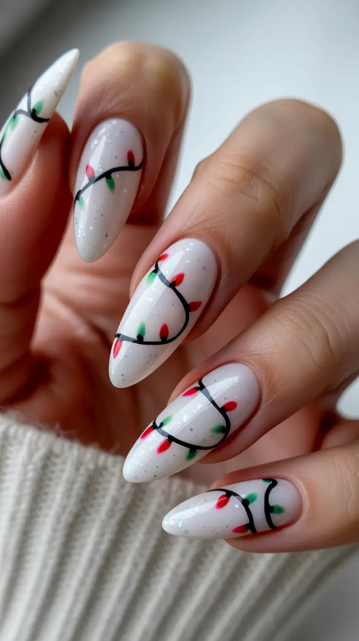 Stylish White Christmas Nails 2025 Festive Fairy Lights on White