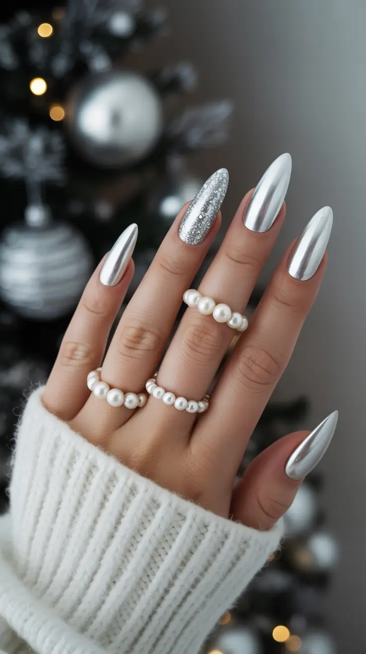 Stylish White Christmas Nails 2025 Frosted Chrome Elegance
