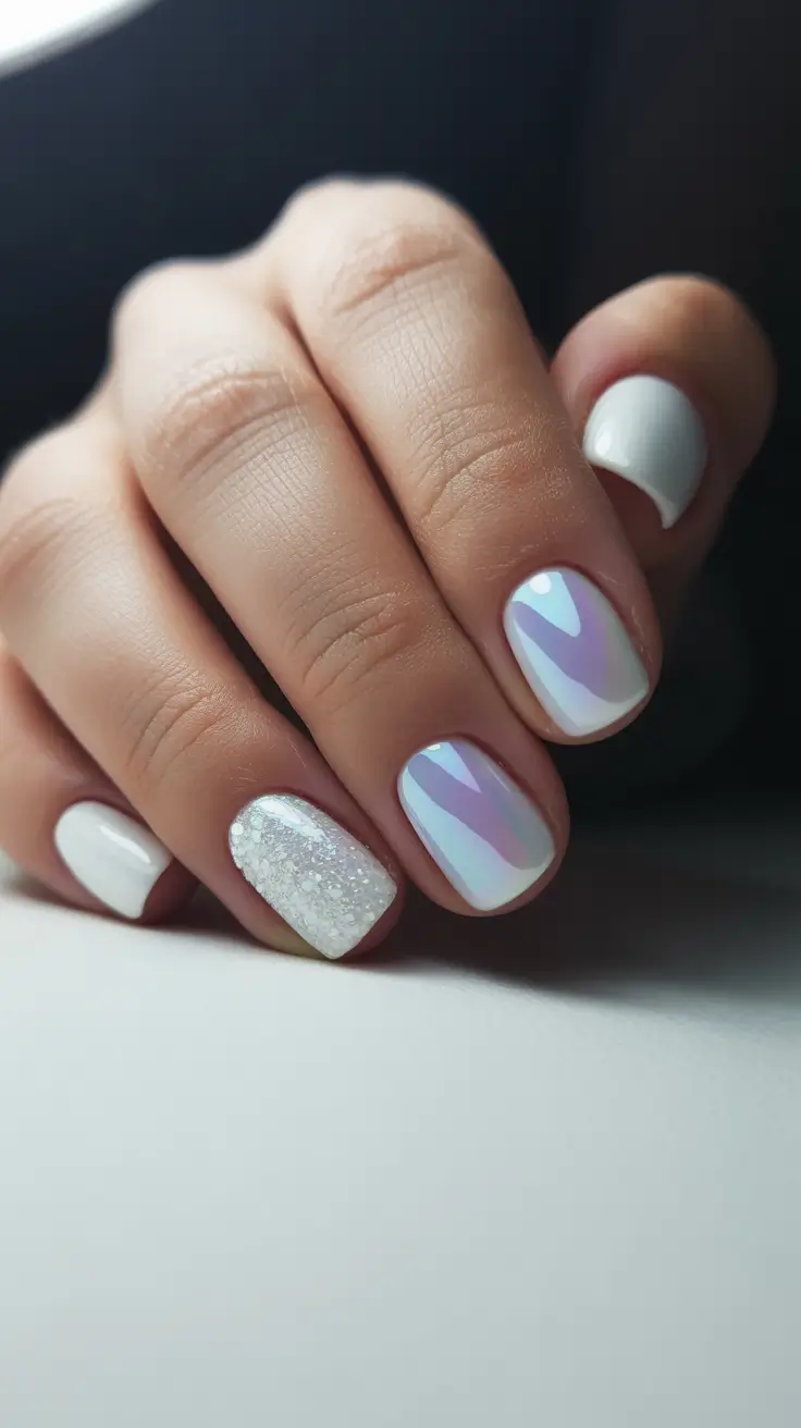 Stylish White Christmas Nails 2025 Soft Pearl Glow