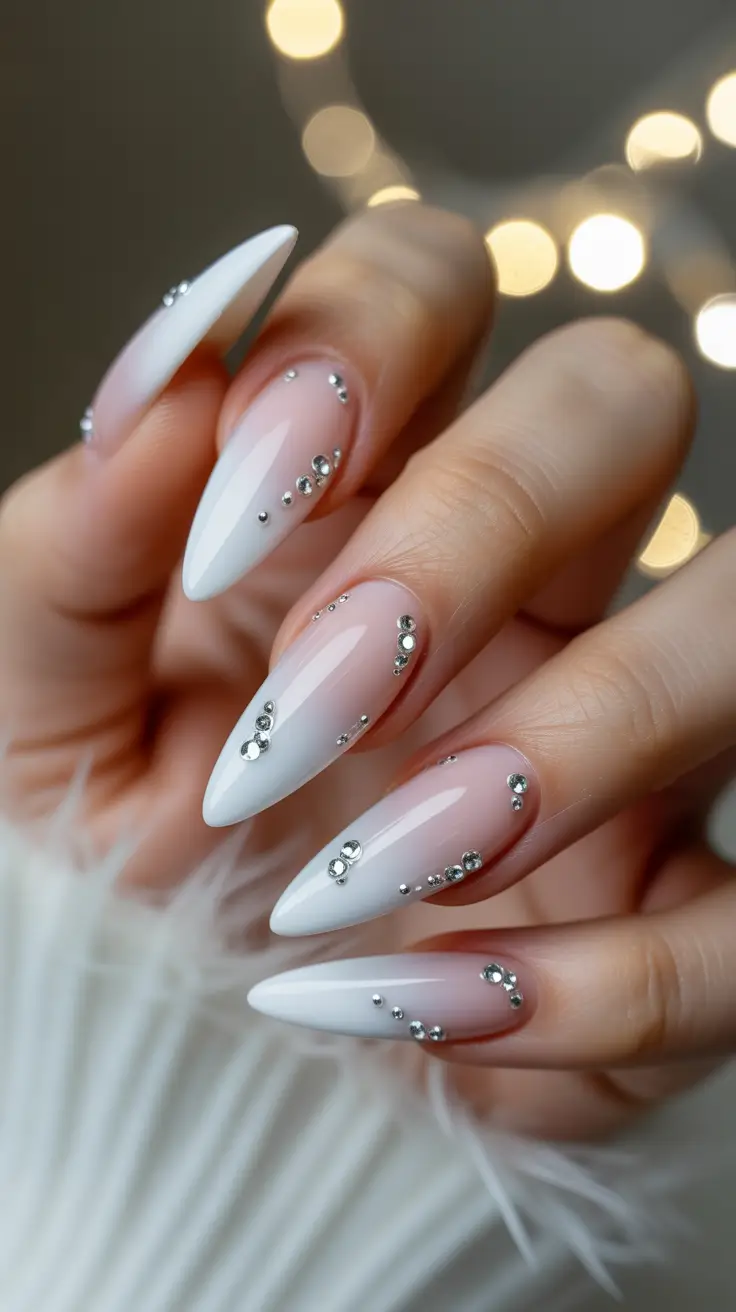 Stylish White Christmas Nails 2025 White Ombre with Crystals