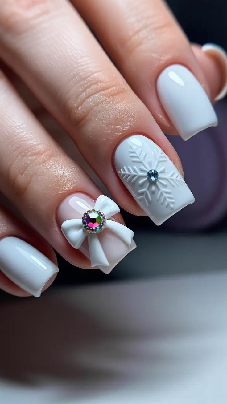 Stylish White Christmas Nails 2025 White Velvet with Crystal Accents
