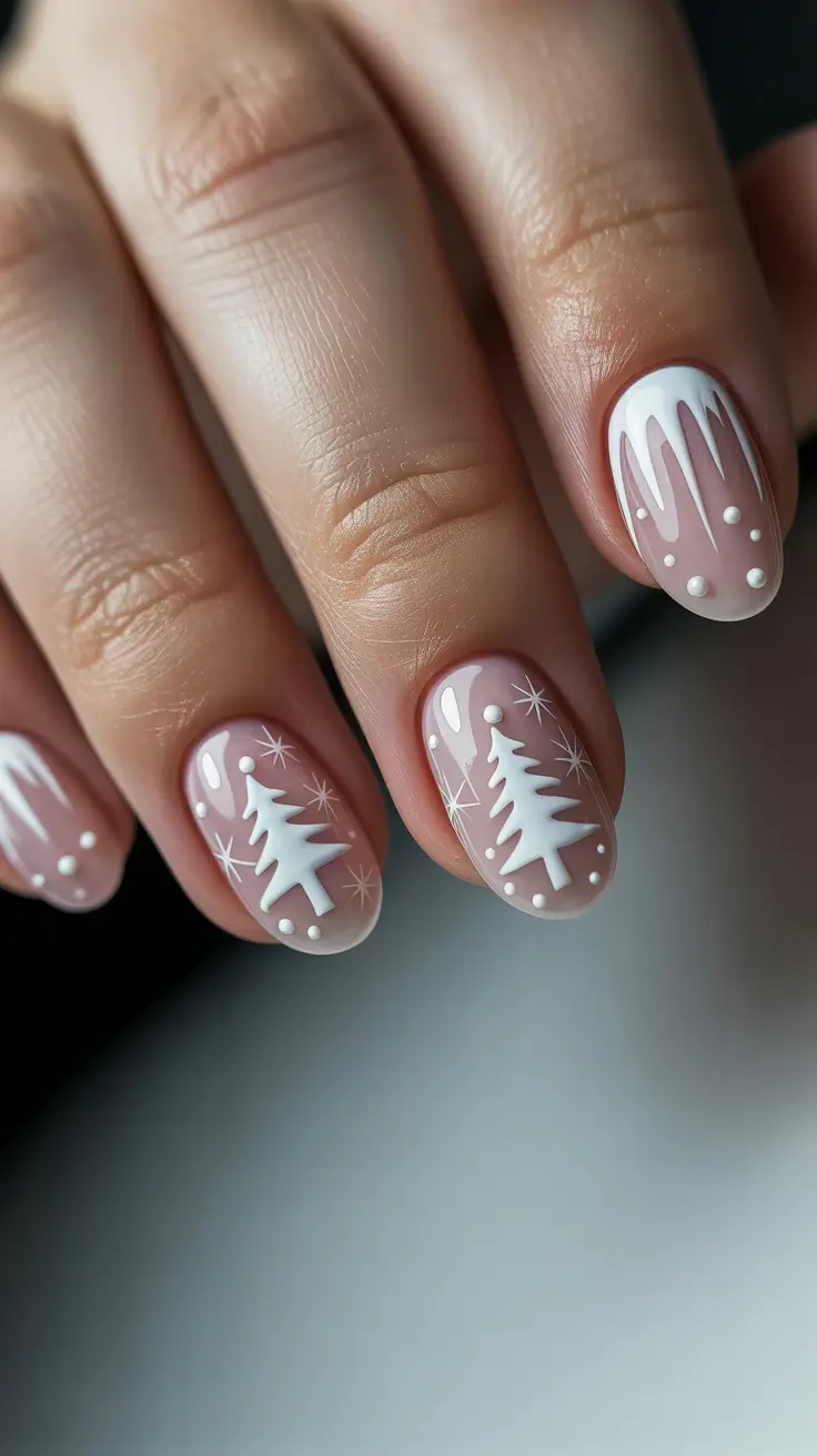 Stylish White Christmas Nails 2025 Frosted Pines