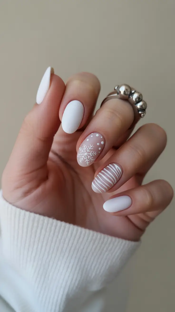 Stylish White Christmas Nails 2025 Matte Snowflake Chic