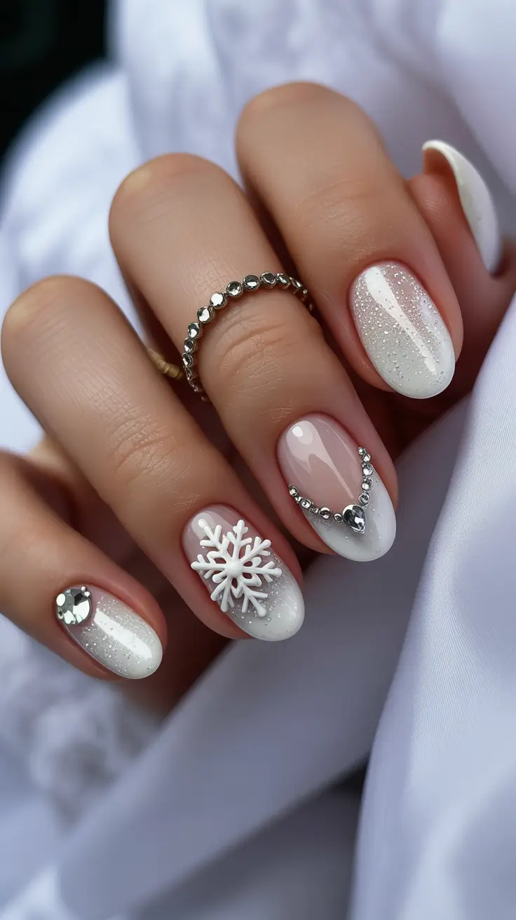 Stylish White Christmas Nails 2025 Crystal Snow Queen
