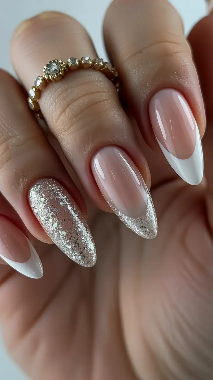Stylish White Christmas Nails 2025 Golden Winter Spark