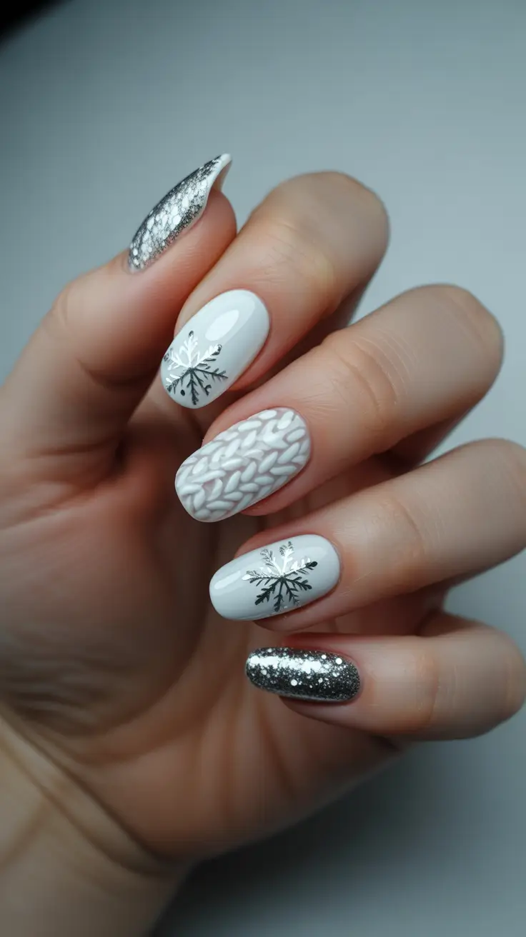Stylish White Christmas Nails 2025 Knit and Snowflake Silver Blend