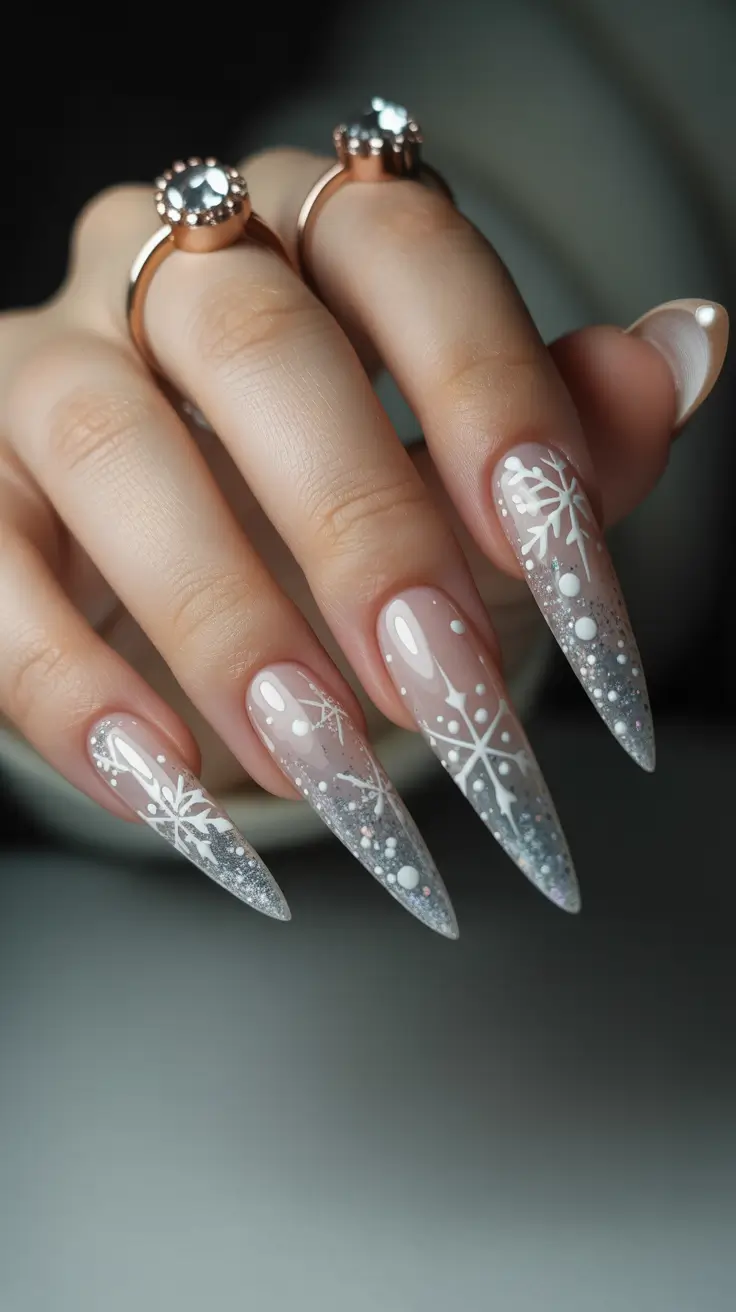 Stylish White Christmas Nails 2025 Snowflake Stardust Glam
