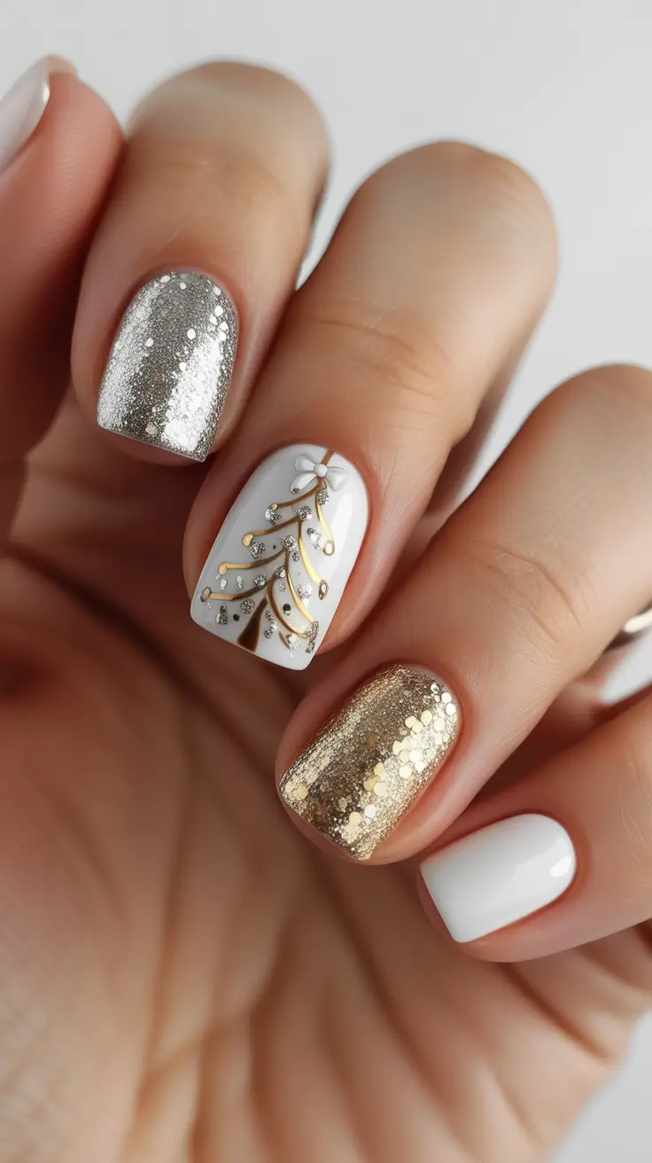 Stylish White Christmas Nails 2025 Golden Fir Sparkle