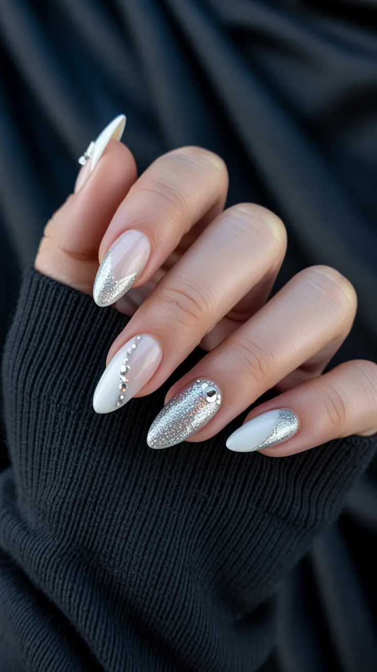 Stylish White Christmas Nails 2025 Silver Chic Radiance