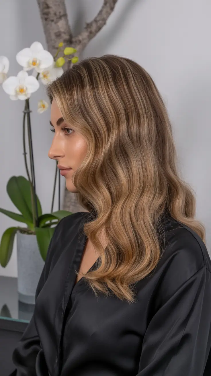 winter trending hair colors 2025-2026 Classic Brunette Waves with Glossy Finish
