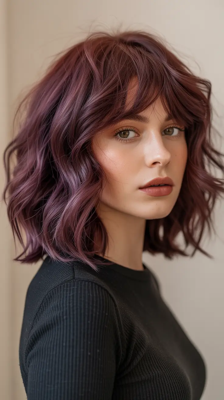 winter trending hair colors 2025-2026 Berry Plum Bob with Tousled Texture