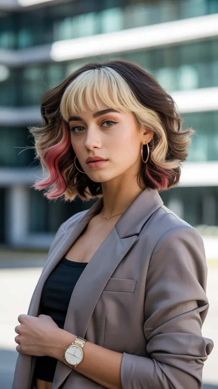 winter trending hair colors 2025-2026 Two-Tone Brunette with Pops of Pink