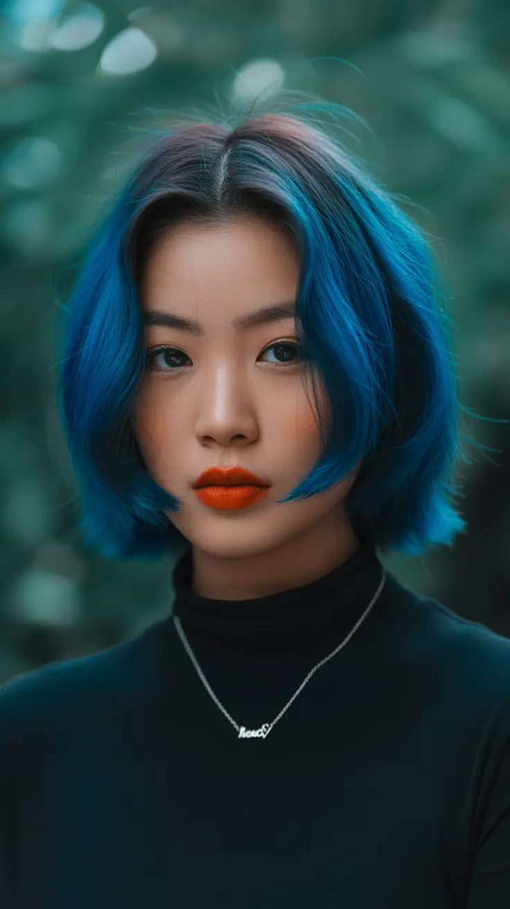 winter trending hair colors 2025-2026 Electric Blue Bob with Modern Edge
